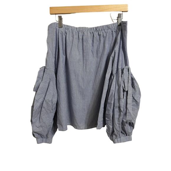 Aqua Women's Poplin Blue Pinstripe Off The Shoulder Bishop Sleeve Blouse Size XS - Picture 1 of 5